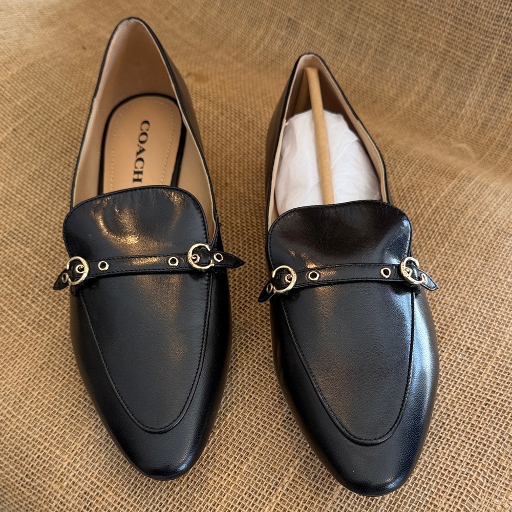 Coach Black Leather Flats with Gold Accents, Never worn, size 10